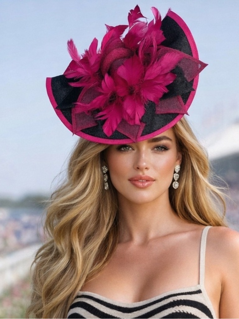 Hot Pink Black Feather Fascinator Hat Derby, Wedding, Or Garden Party Elegance